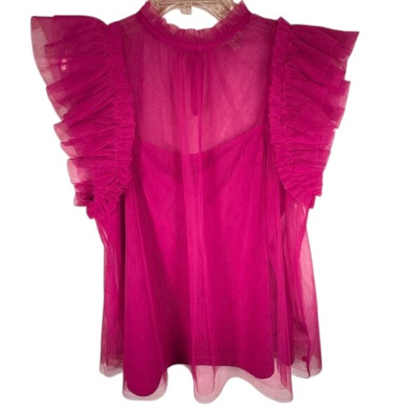 Flying Tomato Tops - Flying Tomato Fuschia Gathered Tulle Top w/ Ruffled Cap Sleeve & Camisole Size L